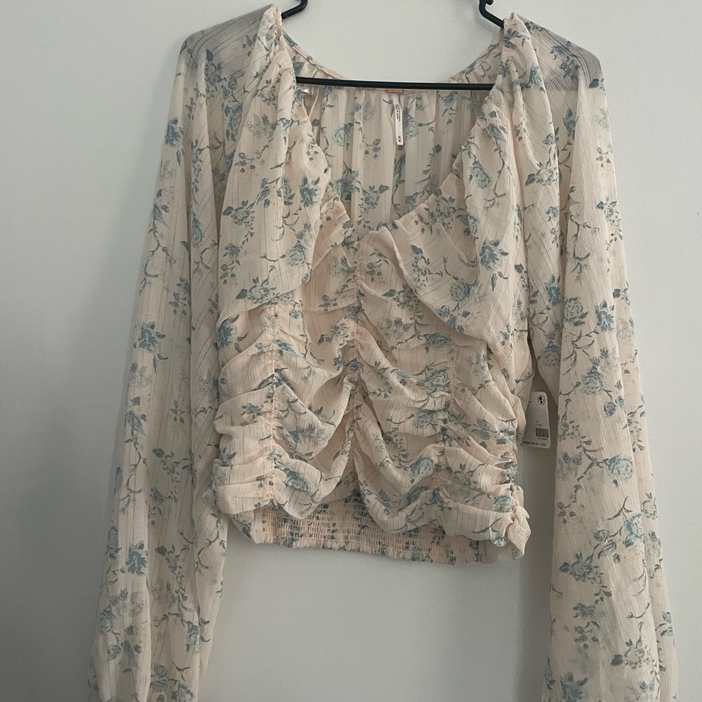 Floral Ruffle Blouse - Cream and Blue